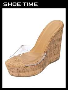 Women's Platform Wedge Slide Sandals – Open Toe Slip-On High Heel Mules With Cork Design - Brown - View 2