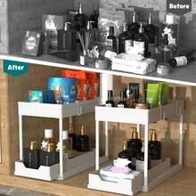 2 Tier Under Sink Storage Rack , Kitchen Cabinet Storage Rack, Double Sliding Cabinet Basket Storage Drawer, Multi-Functional Bathroom Collection Basket, Organizer, Shelf For Under Counter Kitchen Storage With 5 Hooks 2 Hanging Baskets Kitchen Decor Holiday Gift - trắng - Xem 2