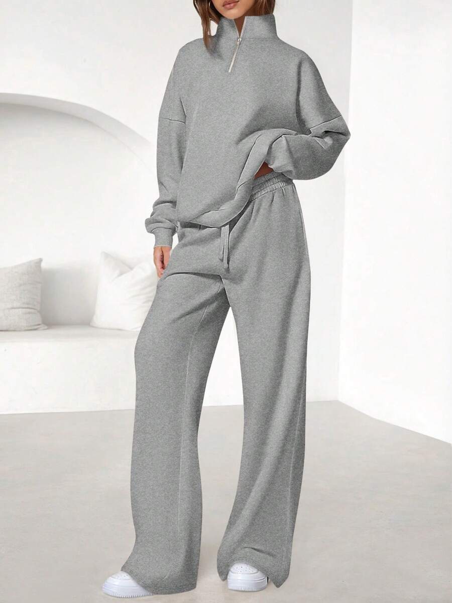 Womens Casual 2 Piece Sets Fall Outfits Quarter Zip Sweatshirts Straight Leg Pants Sweatsuits Tracksuit Valentine Vacation Spring Clothes For Women - 灰色 - 查看 1