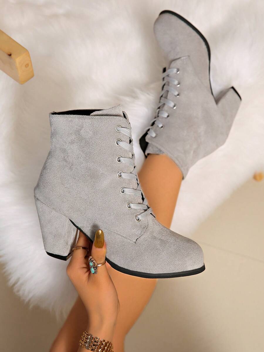 2025秋冬新款欧美时尚系带罗马角斗士靴，黑色高筒圆头粗跟靴 - 灰色 - 查看 1