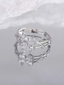 1pc Stainless Steel Purple Four-Leaf Clover & Cubic Zirconia Open Ring, Sweet Style Suitable For Women's Daily Wear - 銀紅色 - 查看 5