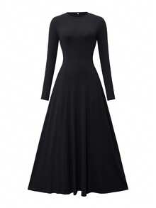 Abito midi a-line elegante da pendolare con collo rotondo e colore unito, autunnale - nero - Visualizzare 7