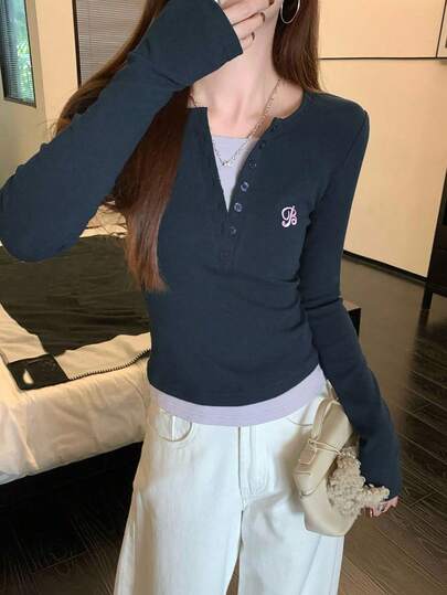 Early Autumn Korean Style Designed Loose Fit Crew Neck Long Sleeve T-Shirt Top For Women (Purple Undershirt Not Included)