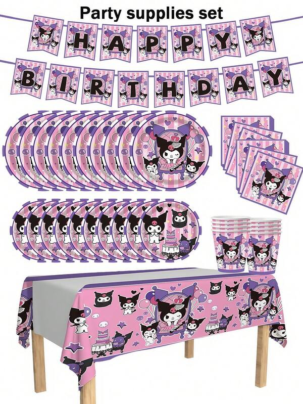Sanrio Sanrio, Purple Themed Disposable Tableware Set 80/62/42 Pieces/Set, Black Rice Themed Party Supplies, Disposable Party Plates, Including 7-Inch And 9-Inch Napkins, Paper Cups, Banners, Tablecloths, Suitable For 10/20 People, Theme Parties, Birthday Parties, Clubs, Birthday Decorations, Scene Decorations