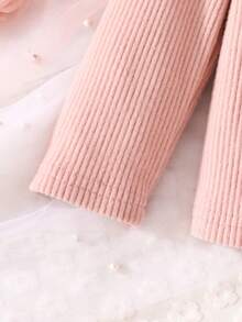 2pcs/Set Baby Girls Casual Solid Color Ribbed Heart Embroidery Peter Pan Collar Long Sleeve Top + Solid Color Ribbed Pants, Comfortable & Versatile Outdoor Outfit, Autumn/Winter - Pink - View 5