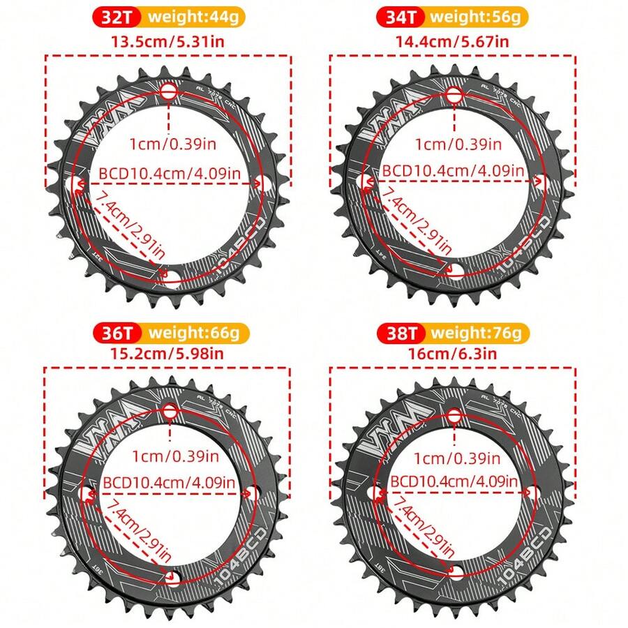 104BCD Mountain Bike Single Chainring, 7075 Aluminum Alloy Closed Tooth Chainring, 32T/34T/36T/38T