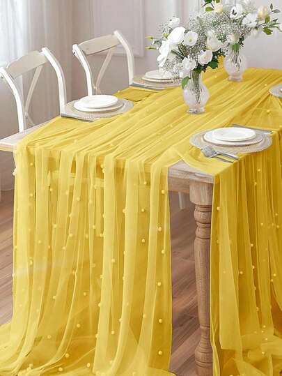 1 件黄色珍珠薄纱装饰桌布，波西米亚乡村风格奶酪布桌旗，适用于婴儿洗礼装饰婚礼复活节夏季桌旗婴儿洗礼家庭装饰礼物