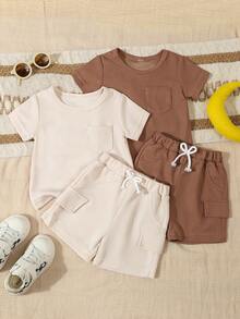 4 件套男童夏季清凉短袖 T 恤和工装短裤套装、口袋装饰上衣和休闲裤、度假装 - 彩色 - 查看 10