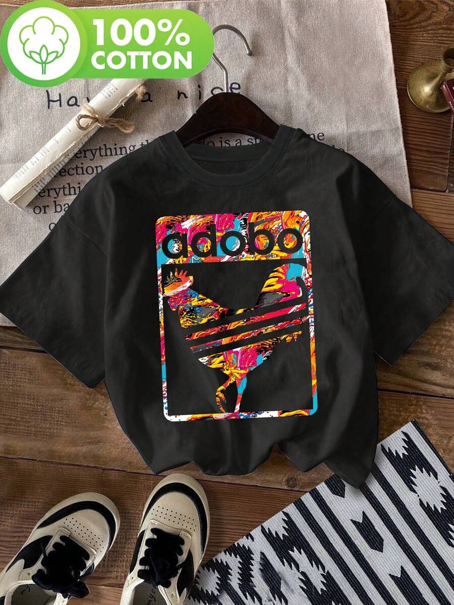 Camiseta De Mujer Con Estampado De Gallo Adobo - Cuello Redondo Y Manga Corta 100% Casual, Diseño Vibrante, Transpirable Y Lavable A Máquina Para Primavera Y Verano - Carbón - Ver 1