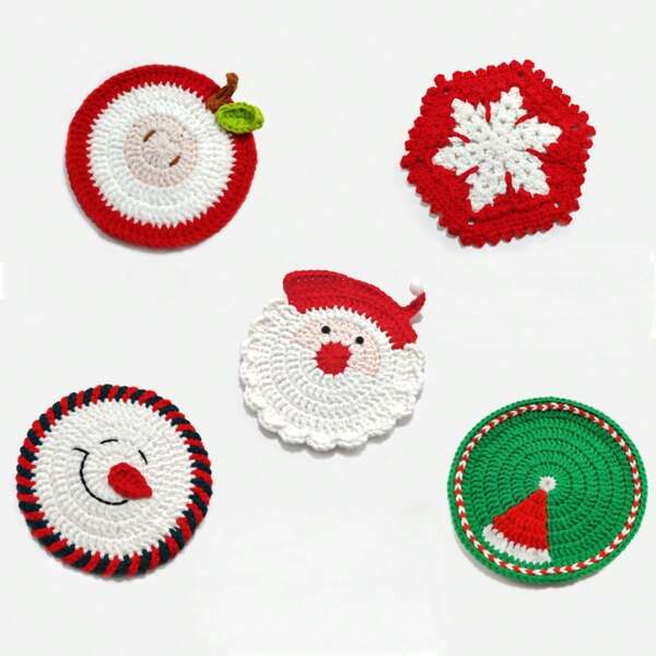 1PC Hand-Knitted Coaster, Heat-Resistant Coaster, Exquisite Knitting Items, Christmas Theme, Santa Claus, Apple, Snowman, Snowflake Coaster, Adorable Home Dining Table Decoration Ornaments Home Decor Christmas Decorations Room Decor