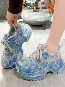 2026春秋新款星空水钻厚底运动鞋，时尚增高休闲跑步鞋，女士款 - 藍色 - 查看 4