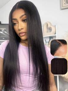 Aopusi 16 Inch Straight Human Hair Wigs 13*4 Straight Lace Front Wigs  Double Drawn  Cut Long Wig Brazilian Hair HD Transparent Lace Frontal Wig - Natural Black - 查看 4