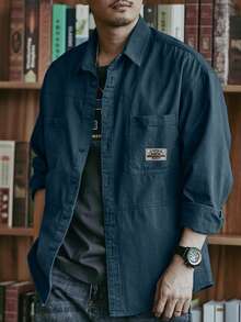 Áo sơ mi cotton thường ngày cho nam, màu trơn, thoải mái, nhiều túi, phong cách cổ điển, thích hợp mặc hàng ngày, xuân/thu, áo dài tay - Màu xanh hải quân - Xem 5