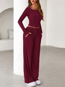 Women's Spring Fall 2 Piece Outfits Lounge Sets Long Sleeve Top Henley Shirts Wide Leg Pants Travel  Sweatsuit Set Women Clothes Home Clothes Going Out Outfits Sports Valentine Vacation Outfit For Women - 酒紅色 - 查看 5
