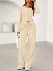 PRETTYGARDEN Women's Spring Fall 2 Piece Outfits Lounge Sets Long Sleeve Top Henley Shirts Wide Leg Pants Travel  Sweatsuit Set Women Clothes Home Clothes Going Out Outfits Sports Valentine Vacation Outfit For Women - 米色 - 查看 1