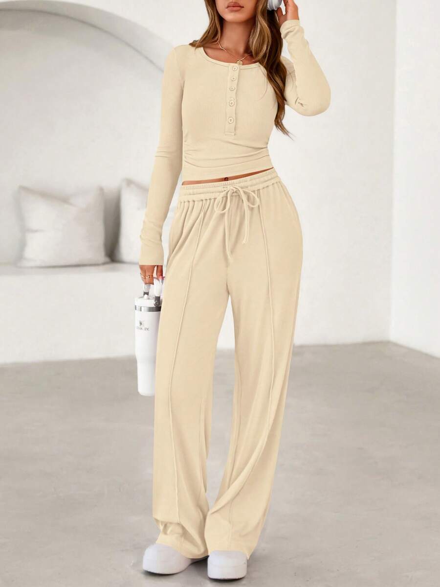 PRETTYGARDEN Women's Spring Fall 2 Piece Outfits Lounge Sets Long Sleeve Top Henley Shirts Wide Leg Pants Travel Sweatsuit Set Women Clothes Home Clothes Going Out Outfits Sports Valentine Vacation Outfit For Women - 米色 - 查看 1