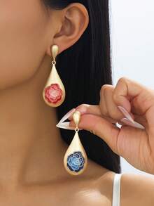 1 Pair Elegant Vintage Vibe Party Matte Metal Gold Water Drop Blue Enamel Rose Decor Women's Stud Earrings, Suitable For Formal Occasions