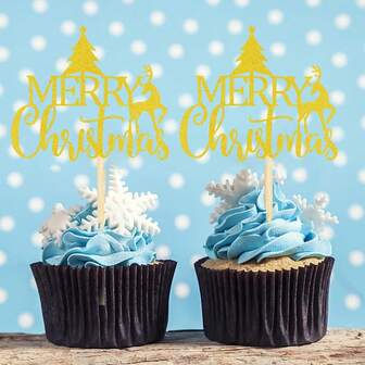12 件圣诞纸杯蛋糕装饰，闪闪发光的圣诞树，鹿和圣诞树纸杯蛋糕装饰，冬季圣诞节和新年派对蛋糕装饰，金色
