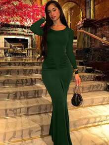 Women's Fashionable Elegant Ruched Crew Neck Long Sleeve Bodycon Dress Spring - Dark Green - View 3