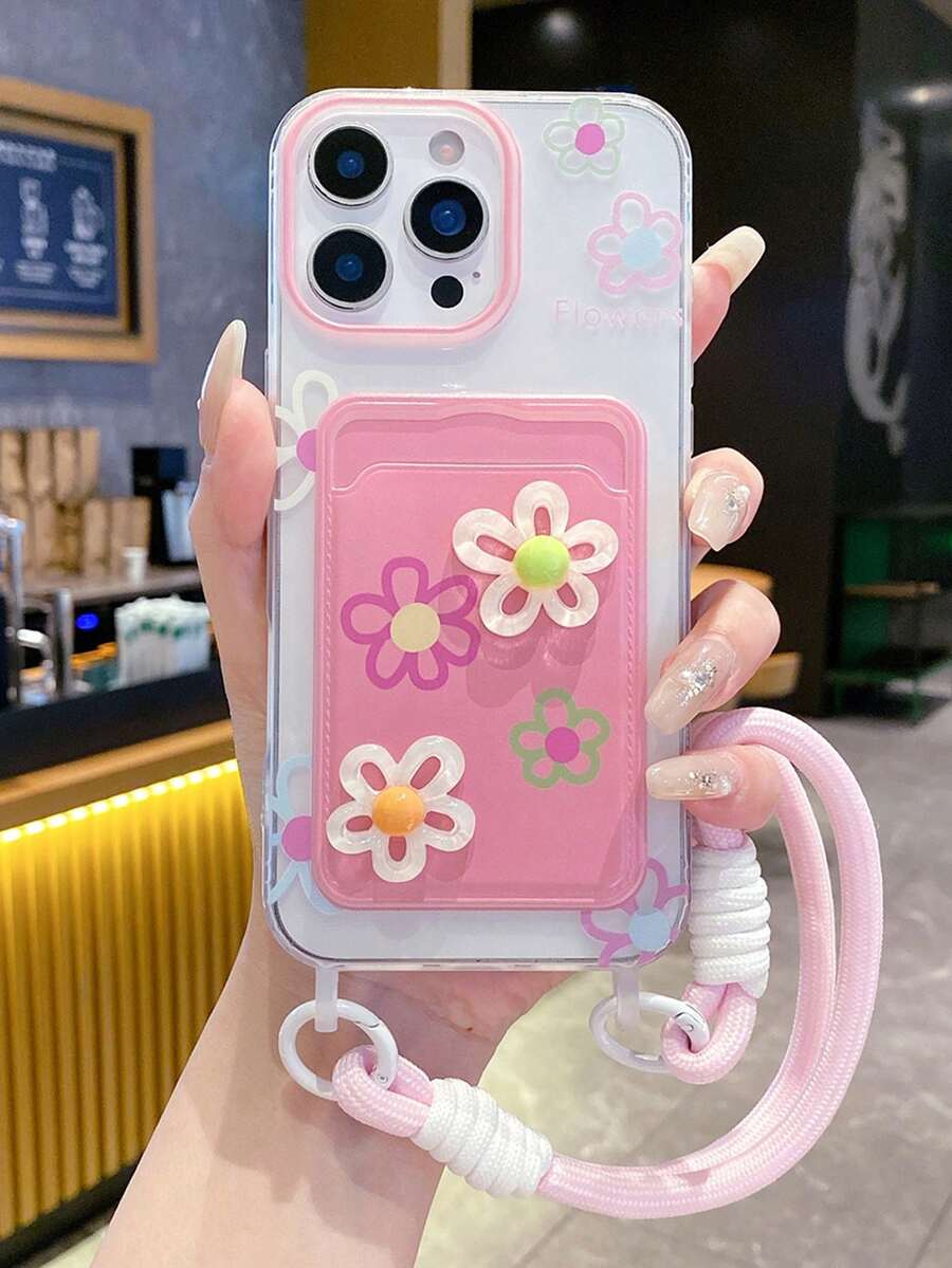 Casing Ponsel dengan Gantungan Kartu dan Motif Bunga 3D Warna-warni, Kompatibel dengan Apple 16 Pro Max/ 15 Pro Max, New 11, 12, Creative 14 Pro/13, Pelindung Lembut, Desain Wanita, Serbaguna - Berwarna merah muda - View 1