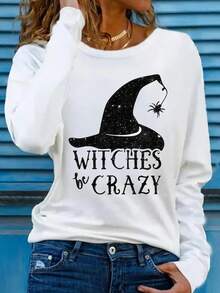 Fall Cothes For Women Fun "Witches Be Crazy" Witch Hat Graphic Tees Halloween Costume, Daily Casual Round Neck Long Sleeve T-Shirt,Going Out Tops Women,Women's Printed Tops Suitable For Outdoor Or Home