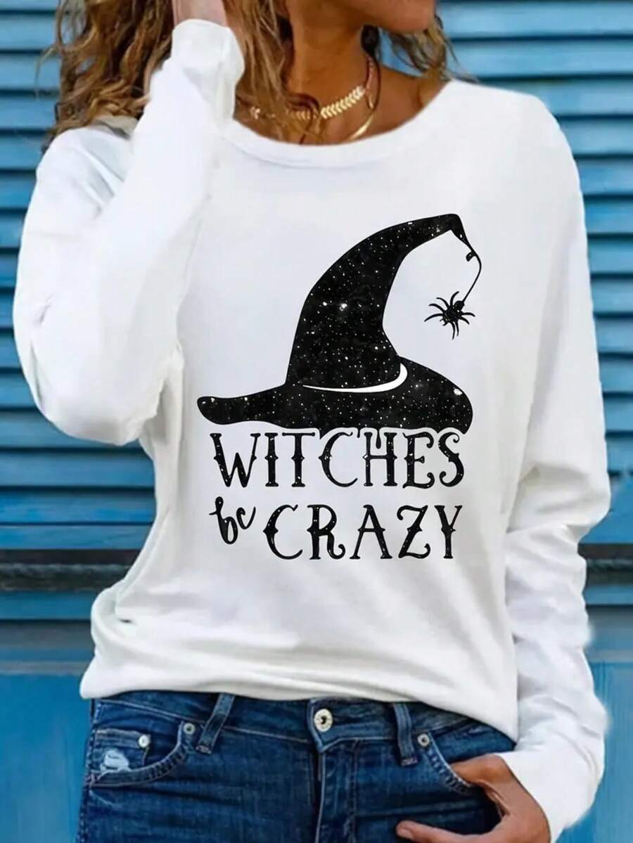 Fall Cothes For Women Fun "Witches Be Crazy" Witch Hat Graphic Tees Halloween Costume, Daily Casual Round Neck Long Sleeve T-Shirt,Going Out Tops Women,Women's Printed Tops Suitable For Outdoor Or Home