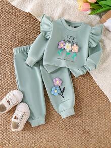 2 件女童休闲可爱荷叶边花卉字母印花长袖上衣和裤子套装，春秋 - 綠色 - 查看 1