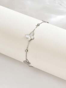 1入時尚白色貝殼蝴蝶鑲嵌鑽石不鏽鋼手鏈，優雅甜美的慶祝和節日配飾，女性必備 - 金黃色 - 查看 9