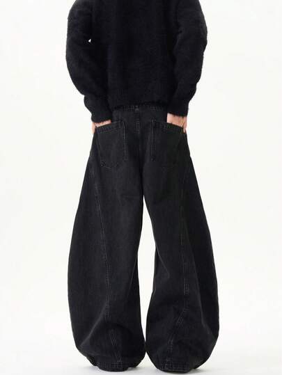 1 件 Justice Brother Brand 拼接剪裁男式宽松男友牛仔裤，时尚休闲阔腿长裤，垃圾摇滚