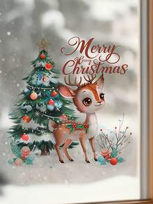 1 pièce Autocollant de fenêtre de renne de Noël festif - PVC, auto-adhésif, design de dessin animé classique avec scène enneigée et accents de houx, idéal pour la décoration de la maison et les cadeaux de Noël, décoration de Noël