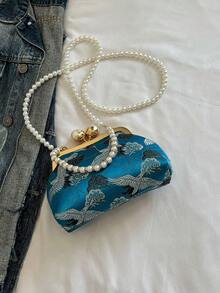 Túi xách dây xích ngọc trai vải xanh cổ điển mới, Túi đeo vai đa năng cho quý cô dự tiệc và tụ tập - Màu xanh lam - Xem 6