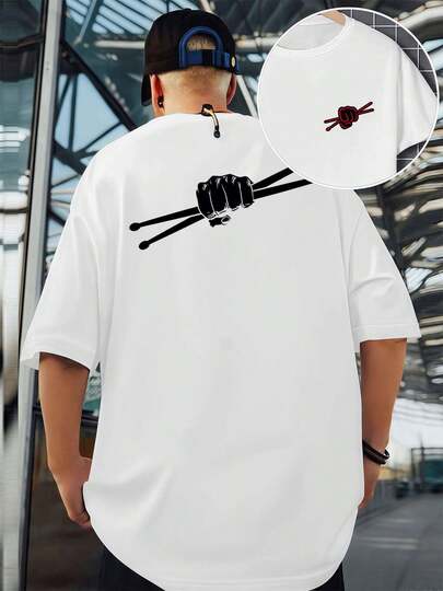 Camiseta gráfica "Puño de Baterista", para hombre, con estampado de doble cara, cuello redondo, informal, de algodón de 220 g/m² (1 unidad)