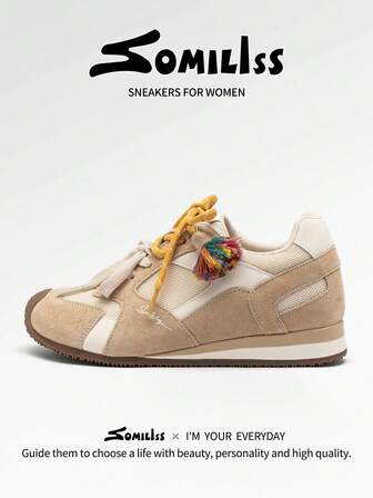 somiliss Women's Casual Sneakers With Hidden Wedge Heel, Fashion Lace-Up Bicolor Soft Bottom Trainers, Comfortable For Commuting And Daily Wear, Apricot Color