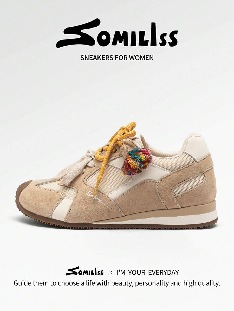 somiliss Women's Casual Sneakers With Hidden Wedge Heel, Fashion Lace-Up Bicolor Soft Bottom Trainers, Comfortable For Commuting And Daily Wear, Apricot Color