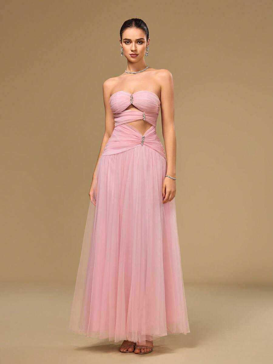 Romantica 优雅透明水钻装饰礼服，宽松 A 字廓形，适合派对、舞会、鸡尾酒会、半正式场合、生日、毕业典礼 - 粉色 - 查看 1
