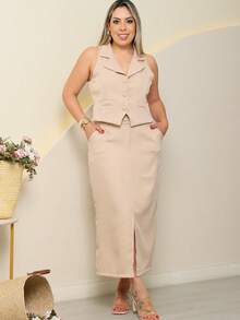 Conjunto Feminino Saia midi Alfaiataria com fenda e colete Premium  Simples    Bolso  Botões na frente  Botão    Escritório - Bege - Visão 2