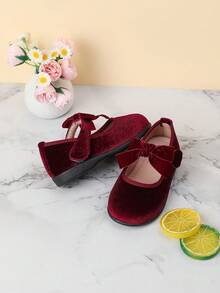 Velvet Bow Decor Everyday Baby Girl Shoes, Suitable For Autumn/Winter - Burgundy - View 4