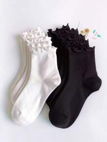 1 Pair/3 Pairs/6 Pairs Japanese Style Ruffle Socks, Cute Women Socks, Fresh Lace Trim Socks, Ruffle Decor Short Socks, White Ruffle Trim Casual Mid-Calf Socks - Multicolor - View 11