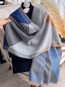 1pc Women Reversible Faux Cashmere Colorblock Pattern Scarf, Fashion Versatile Air-Conditioned Room Blanket Shawl, Thick Warm Accessory Suitable For Daily Use, Autumn/Winter For Dress - Blue - View 5