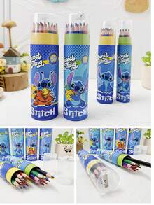 Conjunto de Lápis de Cor com Tema do Stitch em Balde - 12/36 Cores, Design Fofo de Desenho Animado do Stitch, Lápis de Colorir Premium para Crianças e Adultos