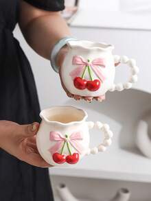 1pc Cute 3D Bowknot & Cherry Ceramic Coffee Mug, Romantic Dotted Yogurt Cup, Water Cup, Unique Creative Milk Cup, Suitable For Afternoon Tea, Daily Afternoon Tea / Best Choice For Girlfriend Gathering