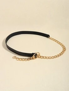 秋季新品金属链与PU皮革复合女士腰带，可搭配西装衬衫，百搭装饰腰链万圣节夏季，学校秋季，秋季，万圣节 - 黑色 - 查看 11