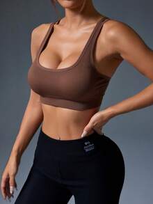 1pc Coffee Color Wireless Sports Bra, Elastic Straps, Suitable For Daily Wear, Yoga, Fitness - Coffee Brown - View 4