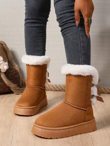 1 Paar Große Größen 36-42 Warme Kuschelfutter Einfarbig Mode Schleife Dicke Sohle Schneestiefel, geeignet für drinnen und Outdoor