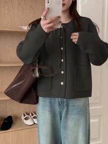 Alicedudu 女士秋冬柔软韩版系带蝴蝶结厚款宽松开衫毛衣 - 深灰色 - 查看 3