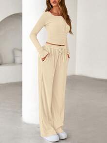 PRETTYGARDEN Women's Spring Fall 2 Piece Outfits Lounge Sets Long Sleeve Top Henley Shirts Wide Leg Pants Travel  Sweatsuit Set Women Clothes Home Clothes Going Out Outfits Sports Valentine Vacation Outfit For Women - 米色 - 查看 2