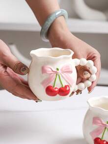1pc Cute 3D Bowknot & Cherry Ceramic Coffee Mug, Romantic Dotted Yogurt Cup, Water Cup, Unique Creative Milk Cup, Suitable For Afternoon Tea, Daily Afternoon Tea / Best Choice For Girlfriend Gathering