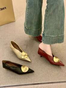 Fall/Winter 2025 Summer New Metal Buckle Pointed Toe Thin Heel Mid-Heel Mule Sandals For Women, Closed Toe Slip-On,Elegant - Burgundy - View 4