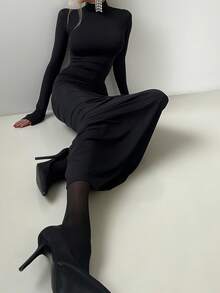Solid Color Elegant Ruched Mock Neck Long Sleeve Bodycon Dress Black Spring - Black - View 7