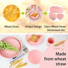 16/32pcs Kitchen Wheat Straw Large Size Dinnerware Set, Service For 4/8, Unbreakable Modern Dish Set-Dinner Plate/Dessert Plate/Cereal Bowl/Cup, Lightweight Tableware, Perfect Camping And Everyday Use - 粉色 - 查看 3